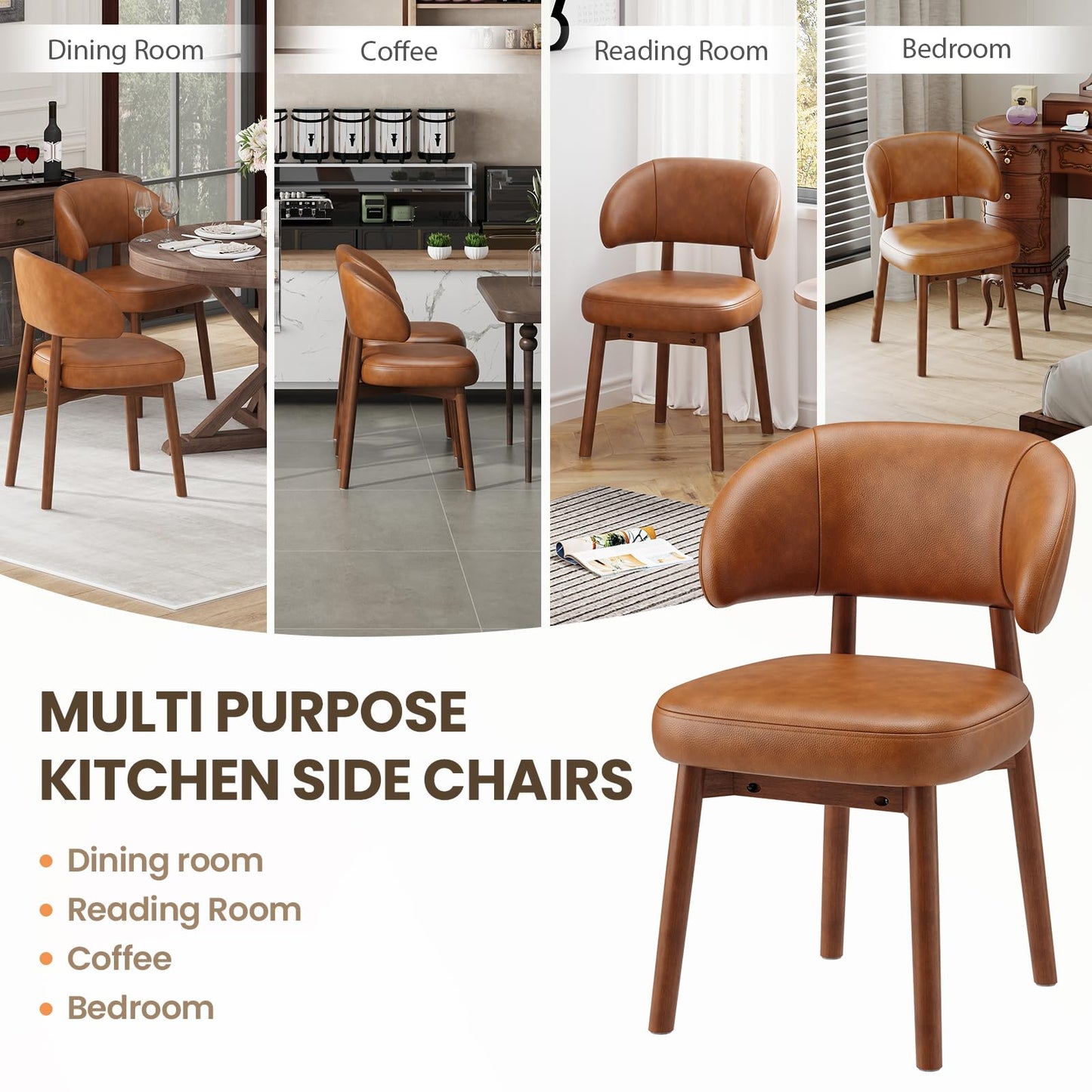 MALOL Wooden Dining Chairs Set of 2, Modern Upholstered Dining Room Chair, PU Leather Kitchen Side Chairs with Curved Open Back for Living Room/Restaurant/Cafe, Brown