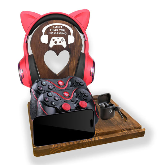 ZHYEED Wooden Headset Stand with Controller Holder - Multi-Functional Gaming Organizer for Desk, Detachable Design w/Phone Slot - Perfect Gamer Gift for Men, Dad, Graduation