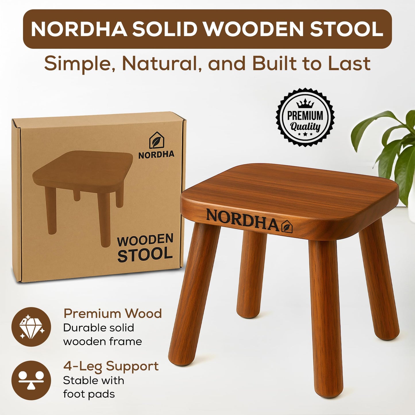 NORDHA Wooden Stool Chair, 9.3 Inch Child's Chair, Lightweight 1.4 Kg, Ideal for Bedroom or Playroom, Durable Taburete, Compact Design, Natural Finish (Walnut Color)