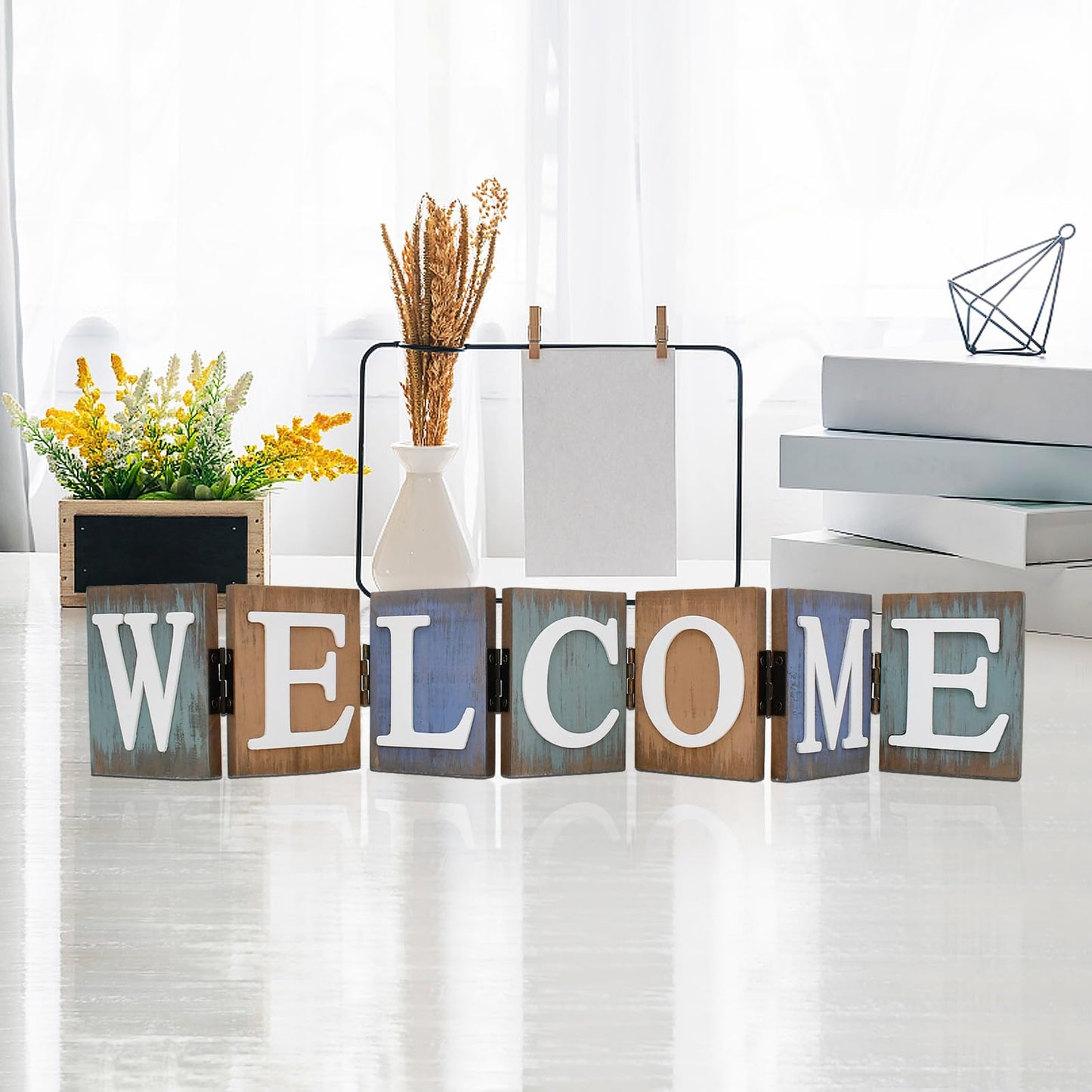 Welcome Tabletop Wooden Cutout Letter Sign - Folding Hinged Free Standing Rustic Love Word Sign for Table, Shelf, Mantel, Fireplace Farmhouse Home Decor