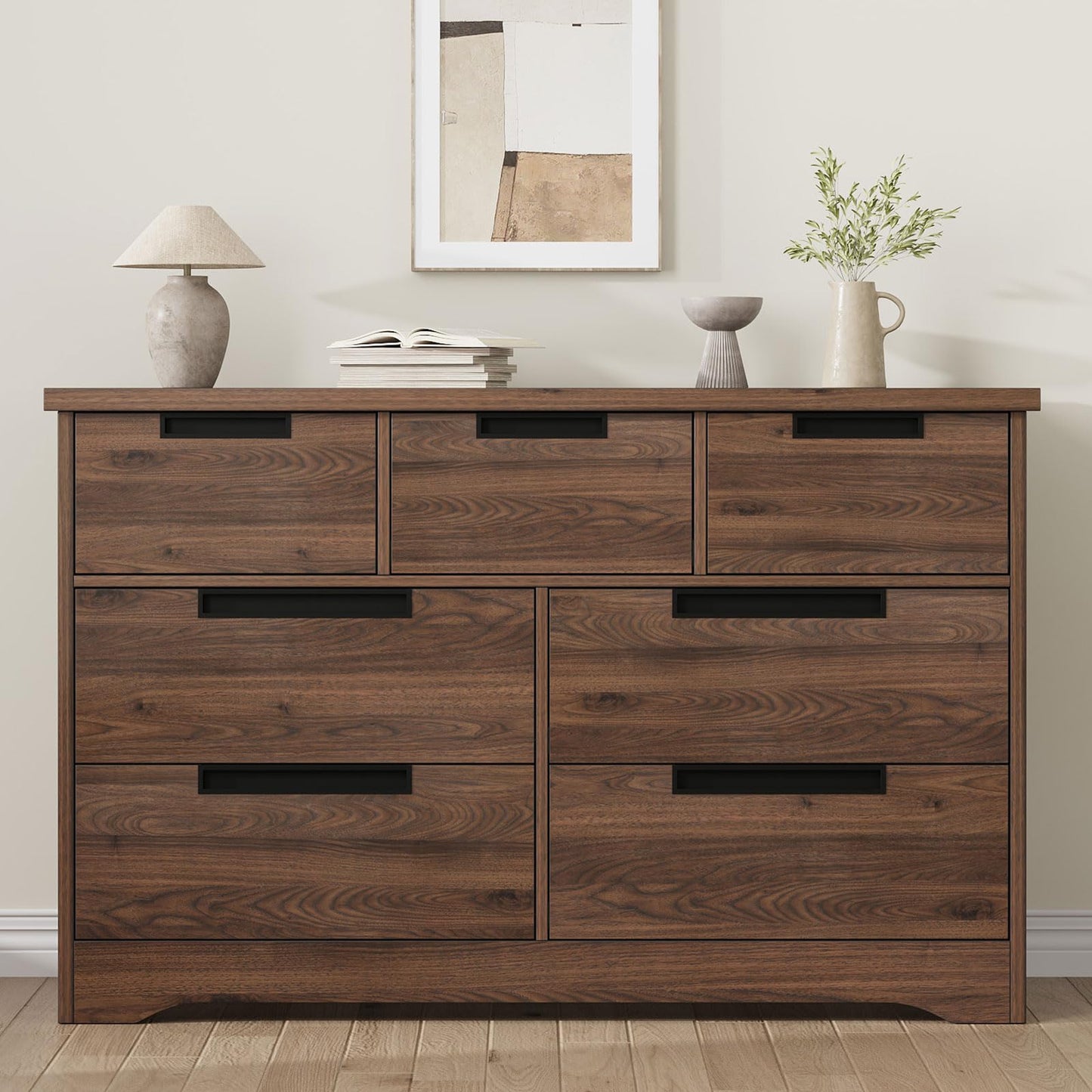 Garvee 7 Drawer Dresser for Bedroom, 55in Wide Modern Chest of Drawers Closet with Built-in Handles Design, Wooden Dresser Organizer for Living Room, Nursery, Hallway - Walnut