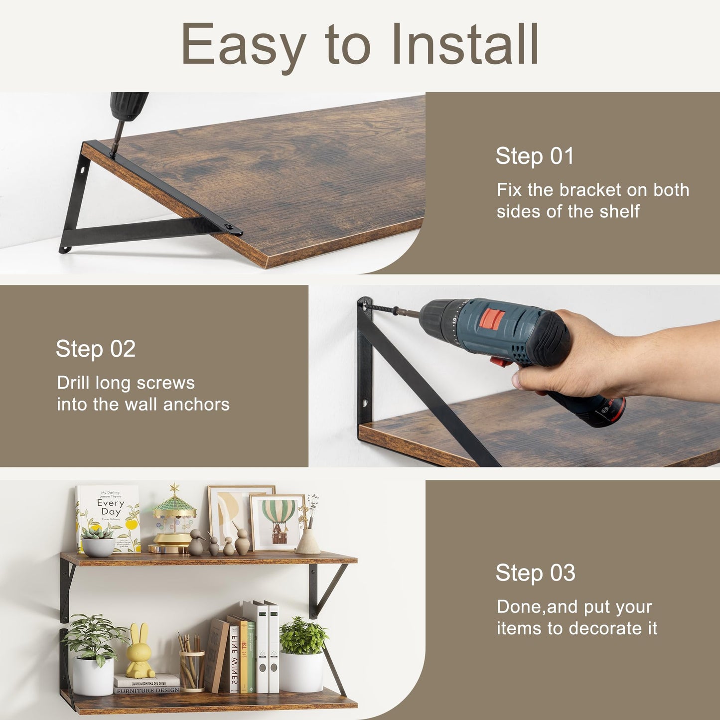 Deep Floating Shelves, 12 Inch Deep Floating Shelves for Wall, 24"W x 12"D Wall Shelves for Books, Large Rustic Wooden Shelf, Wide Display Shelf for Bathroom, Living Room, Rustic Brown, Set of 2