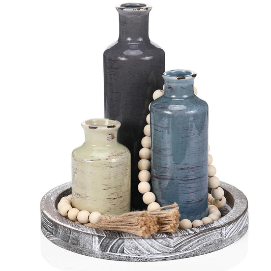 Tiangrid 5 Pcs Rustic Country Tabletop Centerpieces Decor Set of 3 Boho Ceramic Vases with Wooden Serving Tray Wood Bead Garland Tassels Table Holder for Home Decorations(Rustic Color)