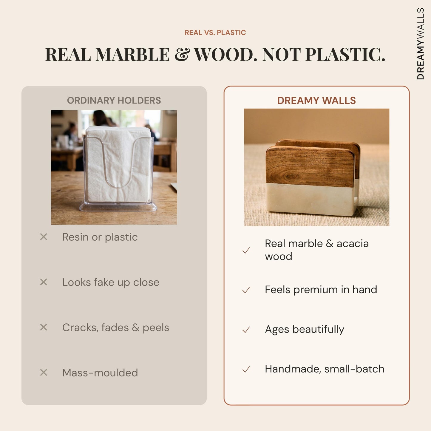 Dreamy Walls 5.5” Marble Napkin Holder for Dining Table & Kitchen Counter | Modern, Upright, Acacia Wood & Marble Napkin Dispenser & Stand | Cocktail, Party, Countertop Use | Handmade in India