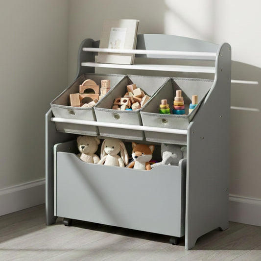 Humble Crew 3-in-1 Kids Bookshelf and Toy Storage Organizer, Bookcase with Rolling Toy Box and 3 Fabric Storage Bins, Wooden Nursery & Playroom Organizer, Grey/Grey