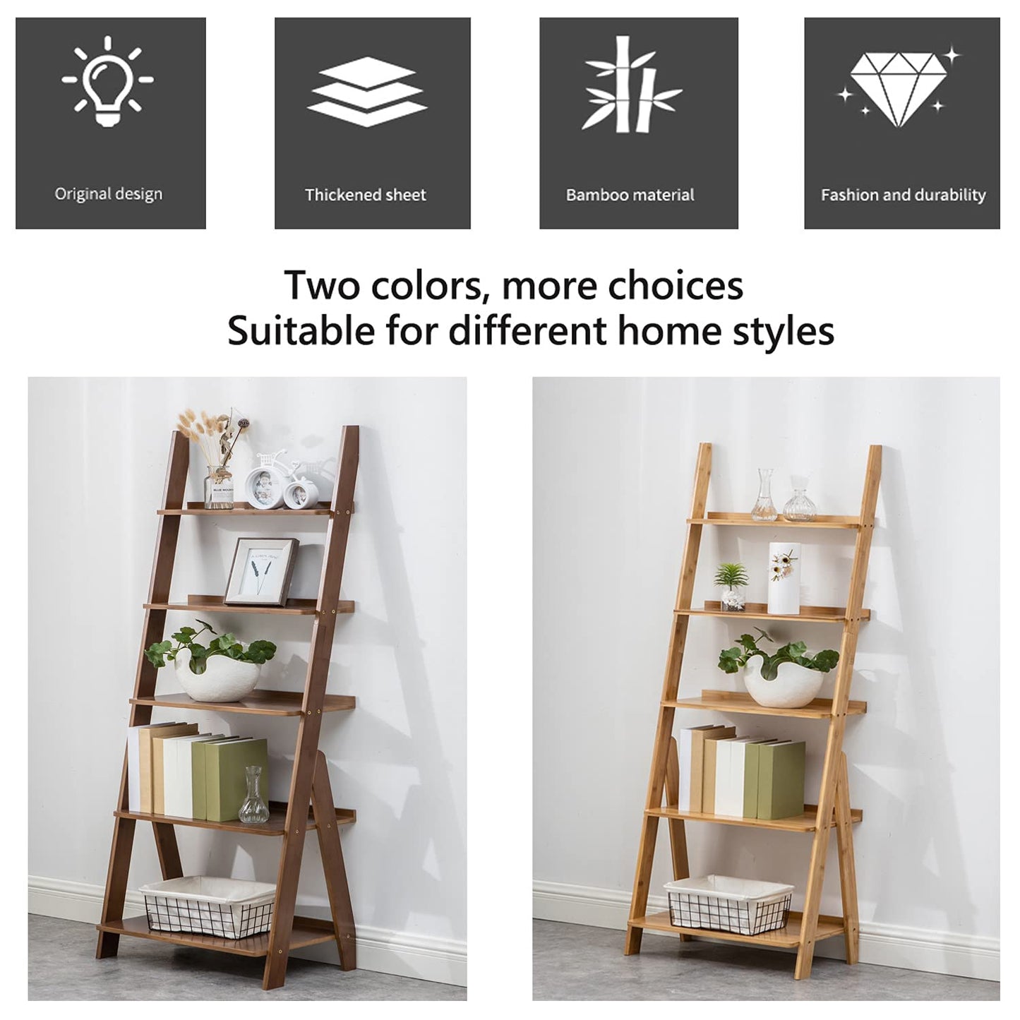 SOBIBO Ladder Shelf Bookshelf, 5-Tier Leaning Shelf, Free Standing Organizer Storage Shelves, Storage Rack Shelf for Office, Living Room, Bedroom, Natural