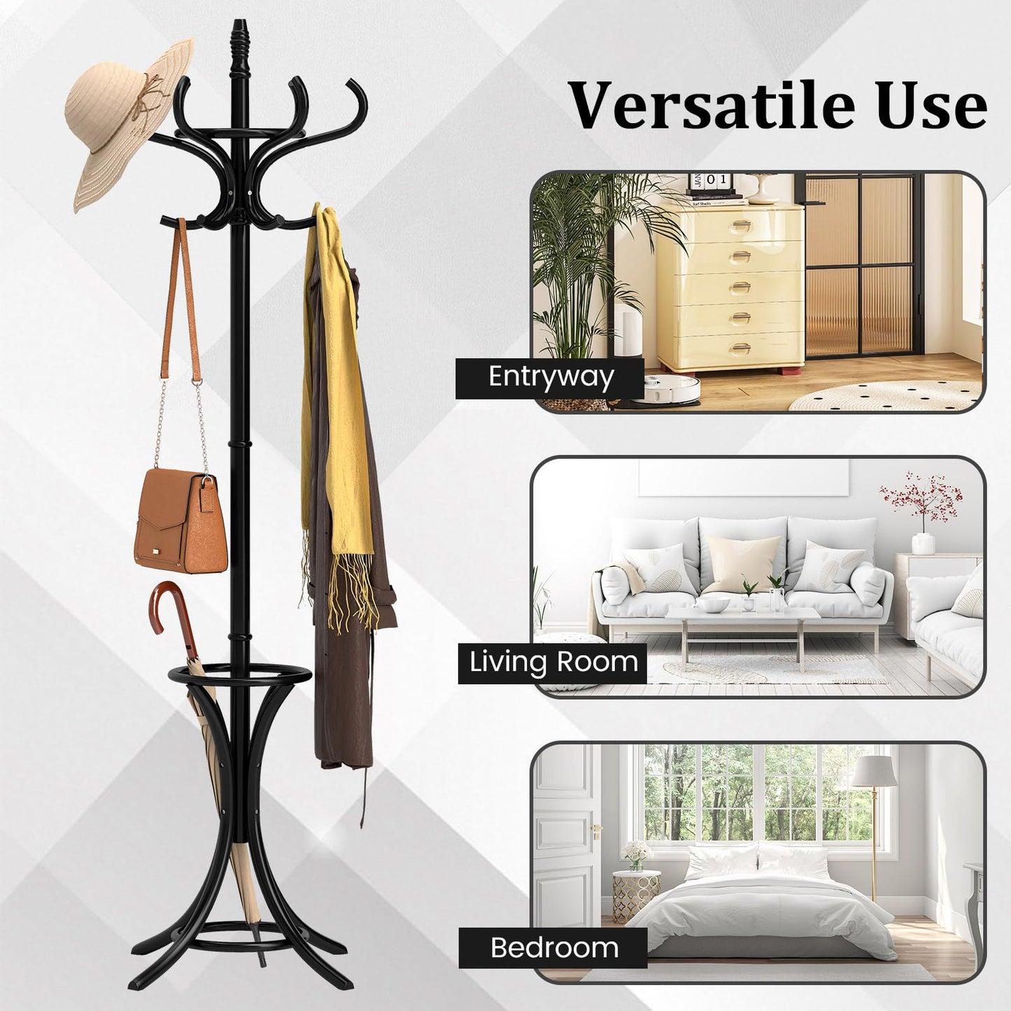 Tangkula Coat Rack with Umbrella Holder, 73 Inch Freestanding Coat Hanger Stand with 12 Hooks, Wooden Entryway Coat Tree for Clothes, Bags, Hats, Scarves, Living Room, Bedroom, Hallway (Black)