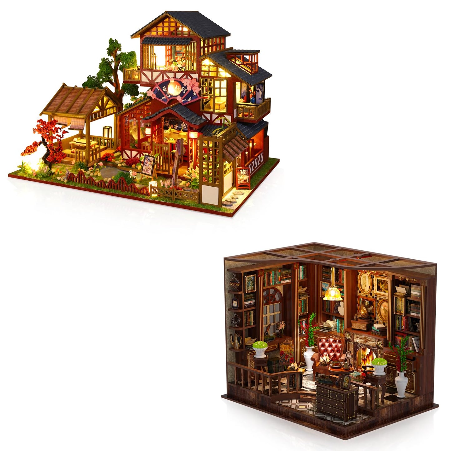 Hallisun DIY Miniature House Building Kits, Japanese Restaurant and Left Bank Study 3D Wooden Dollhouse Toys, Birthday Christmas Festival Gift for Teens Adults