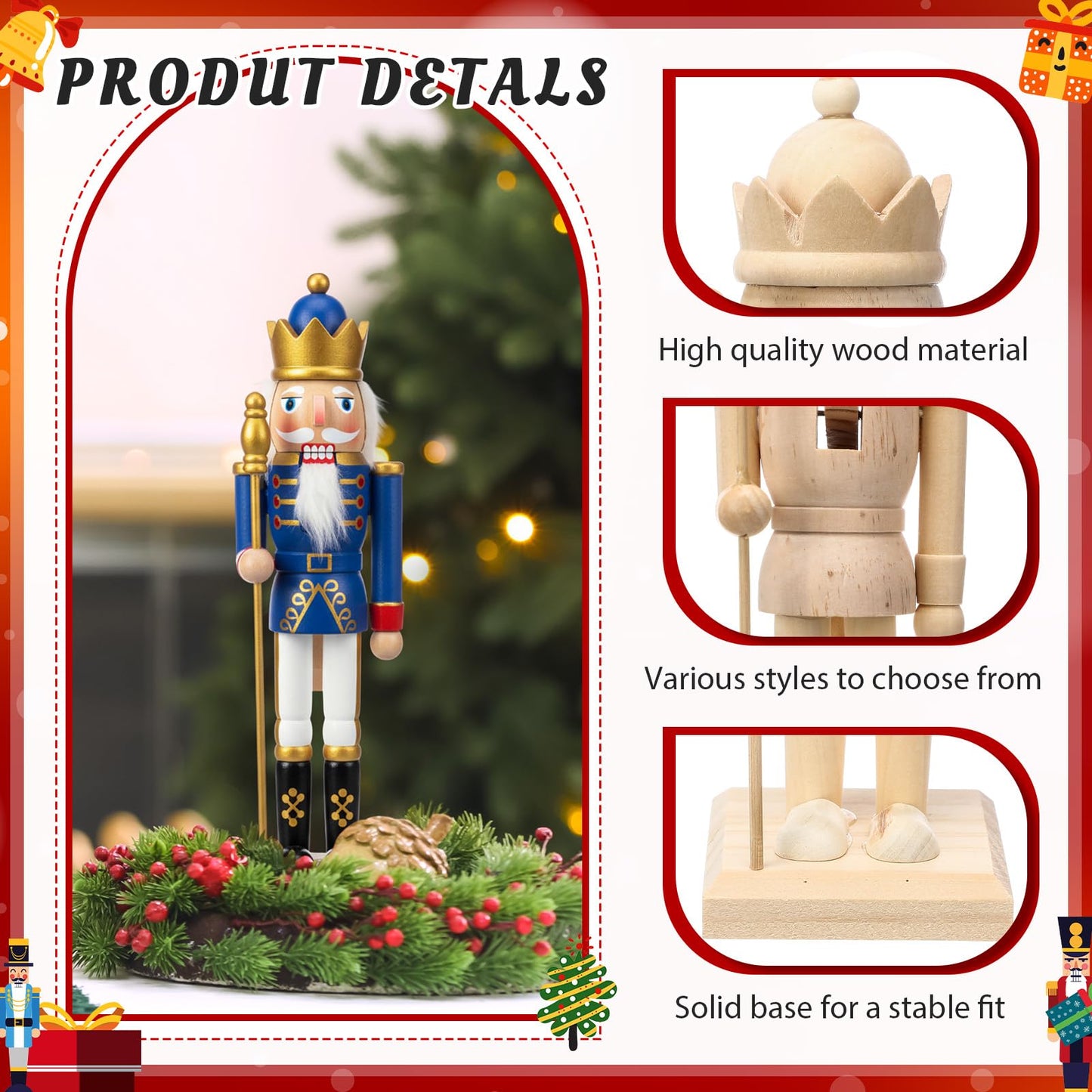 Hiboom 2 Set Christmas Unfinished Nutcrackers Wooden 9.84" Unpainted Nutcracker Figurines Ornament with Pigment, Paintbrush and White Beard, King Shape Figurines Blank for DIY Craft Xmas Decoration
