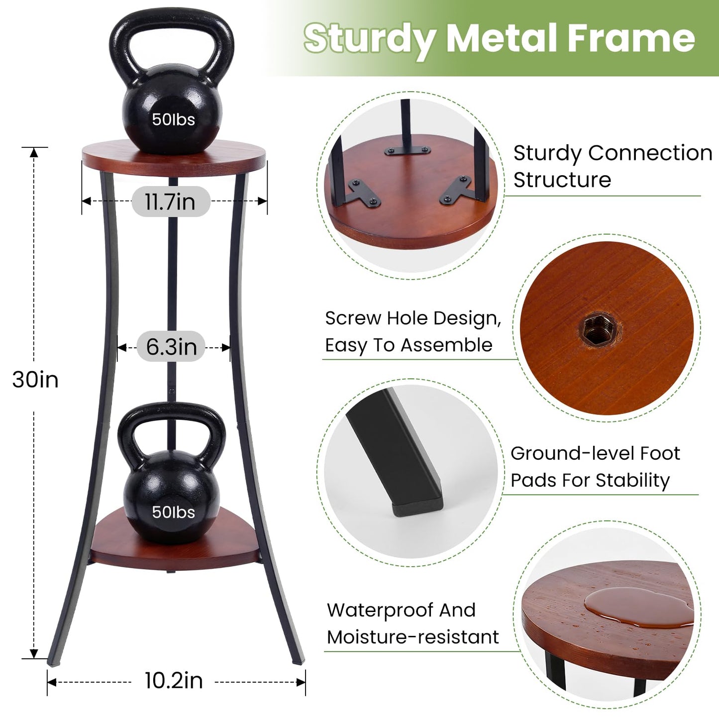 Yedcxup 2-Tier Tall Plant Stand Indoor Outdoor, Round Wooden Corner Plant Shelf with Walnut Panel & Black Metal Frame, Modern Flower Pot Holder Rack for Living Room, Balcony, Patio Decor