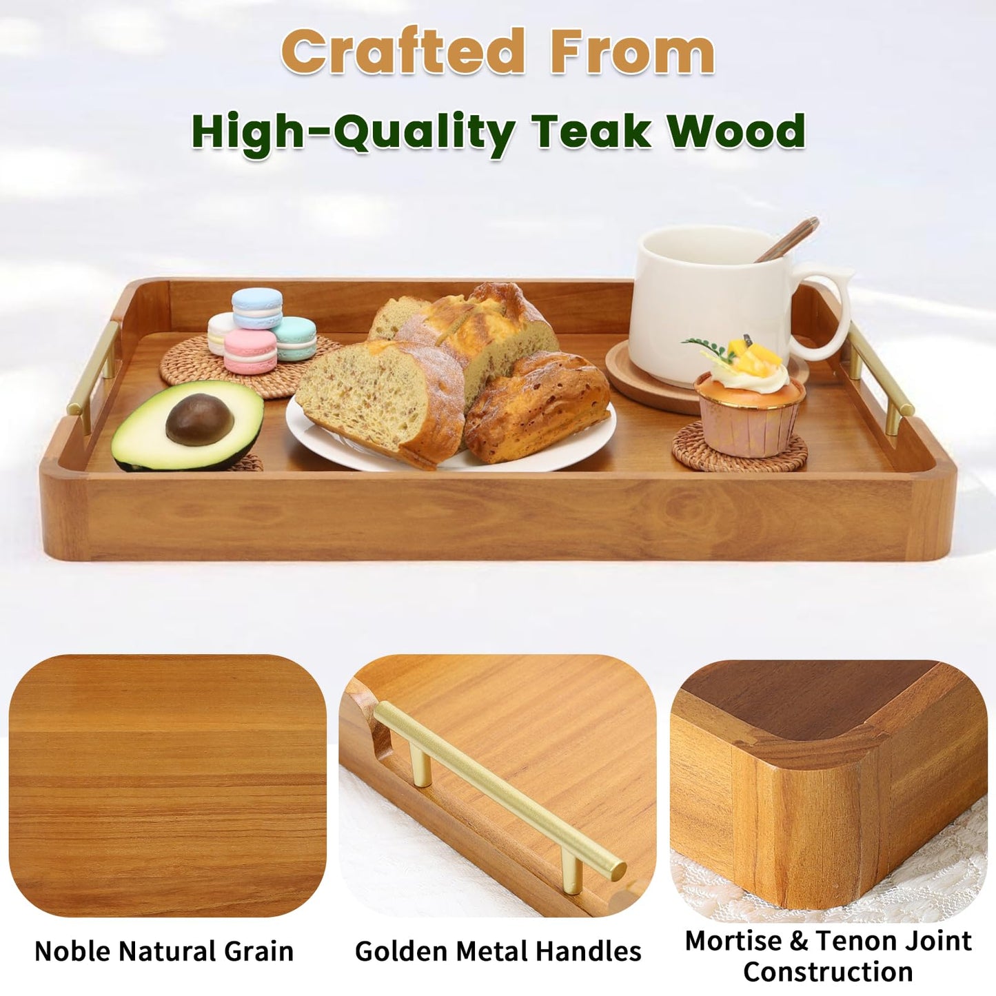 Fopeat Solid Teak Wood Serving Tray with Handles, 20"x14"x2" Large Ottoman Tray for Living Room Kitchen Party, Decorative Rustic Rectangular Tray for Home Coffee Table Breakfast Dinner Bar