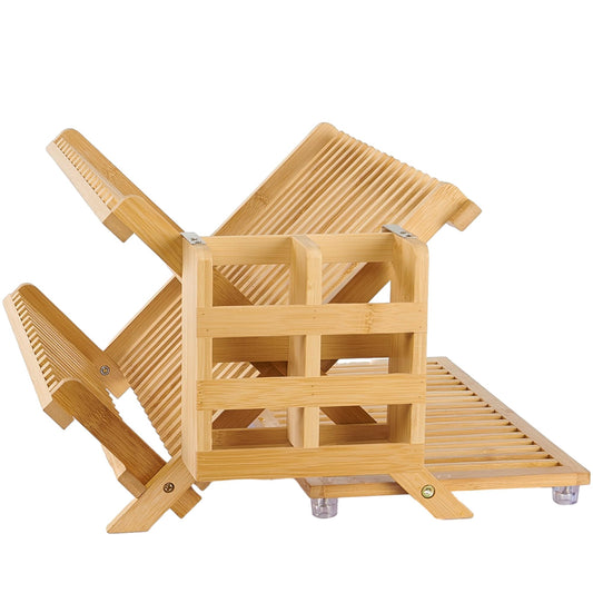 NOVAYEAH Bamboo Dish Drying Rack with Utensil Holder, Collapsible Wooden Dish Drainer Rack, 3-Tier Large Folding Drying Holder for Kitchen Counter 51 pcs Grid