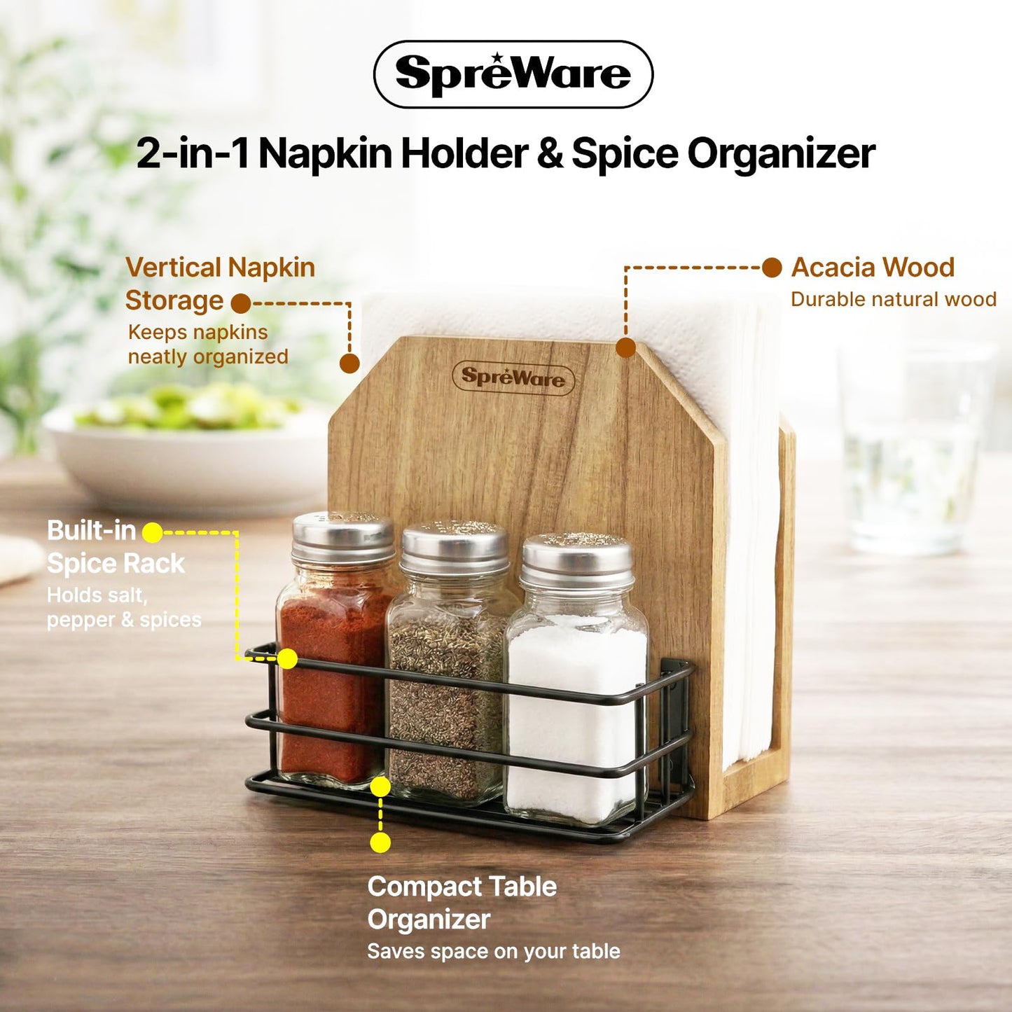 SPREWARE Acacia Wood Napkin Holder with 3 Salt & Pepper Shakers, Rustic Tabletop Napkin and Condiment Caddy, EVA Anti‑Slip Base, Holds 80 Standard Napkins – Grateful Thankful Blessed Design