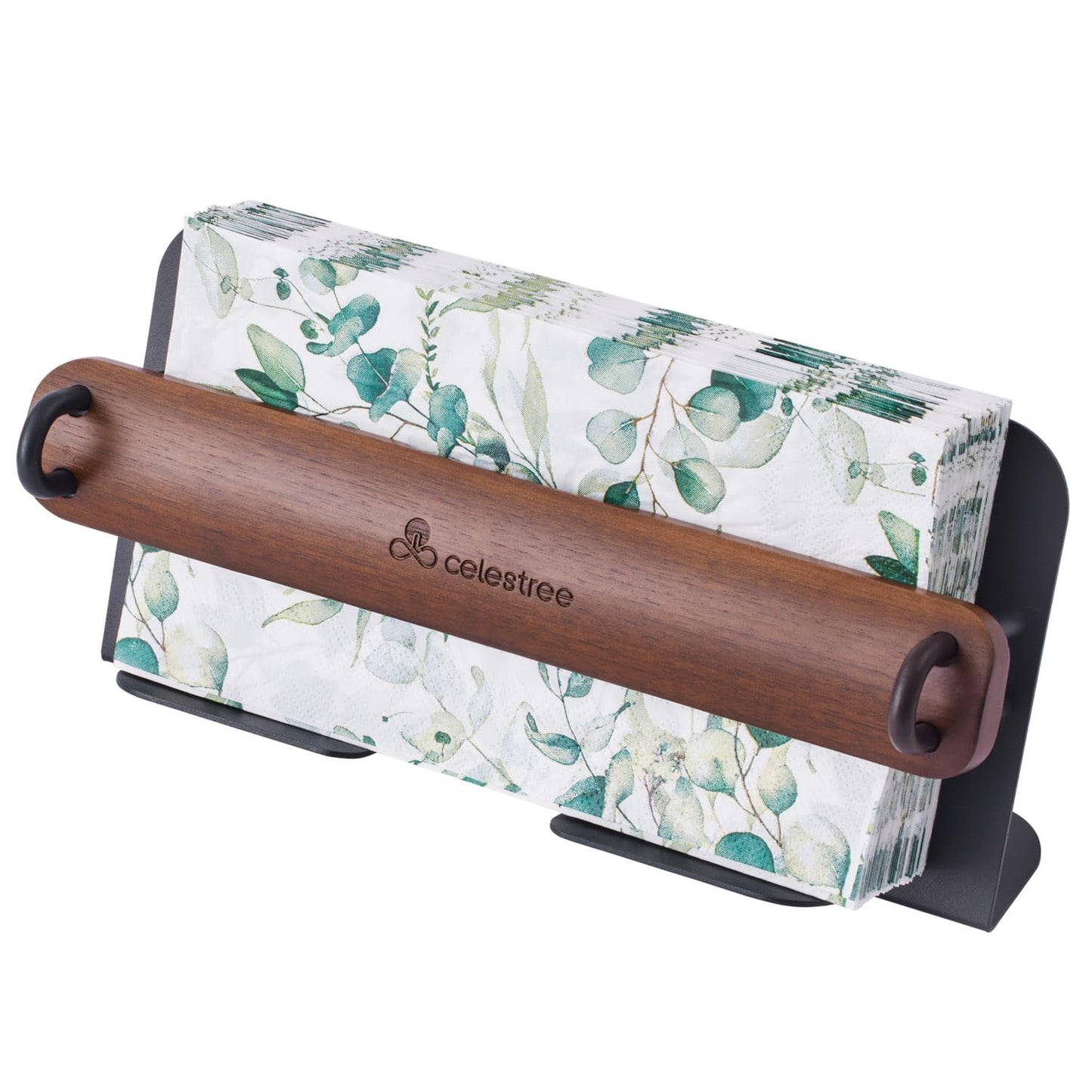 Rectangular Napkin Holder Wooden - Celestree Paper Napkin Dispenser with Solid Black Walnut Weighted Bar, Modern Metal Frame Windproof Stable for Kitchen Dining Table Bar Outdoor Party (Gift Ready)