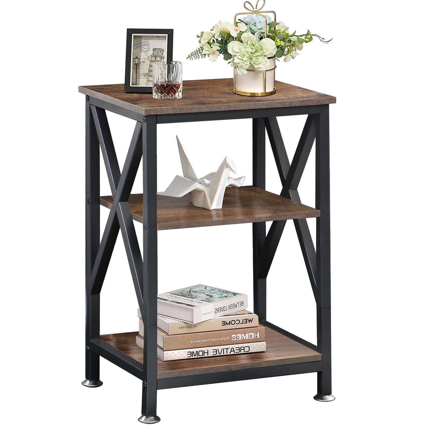 End Tables with Storage Shelf, 12" Deep x 16" Wide x 24" High, Small Side Table 3-Tier, End Tables Living Room Farmhouse, X-Shaped Night Stands for Bedrooms Bedside Tables, End Table Wood and Metal