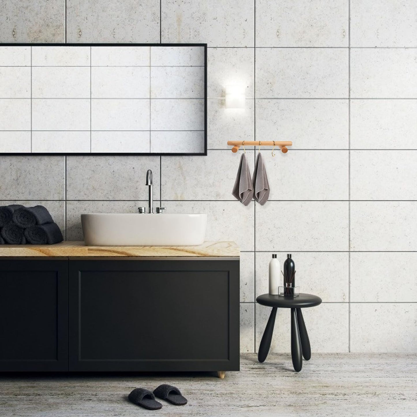 HOMOCONO Wooden Towel Rack Wall-Mounted Bathroom and Kitchen Towel Bar Installation with Brass S-Hooks Corrosion-Resistant Single Rod Holder for Quick Drying