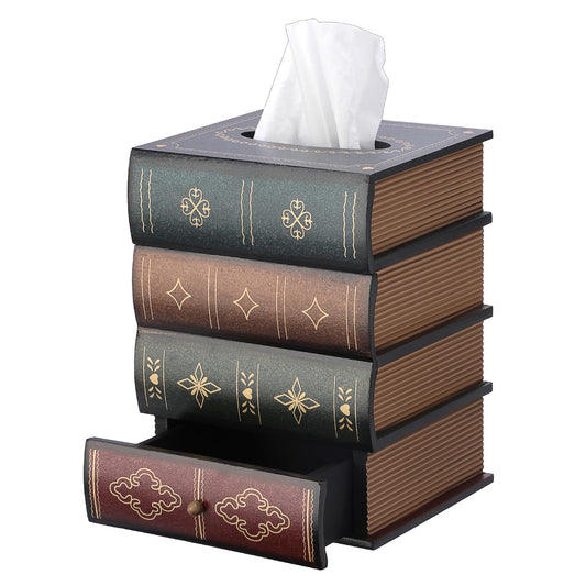 Hoowen Antique Wooden Book Tissue Box Cover with Storage Drawer, Square Tissue Holder Decorative Tissue Dispenser Case Retro Vintage Home Decor for Table Desk Bathroom Living Room Office, Green Top