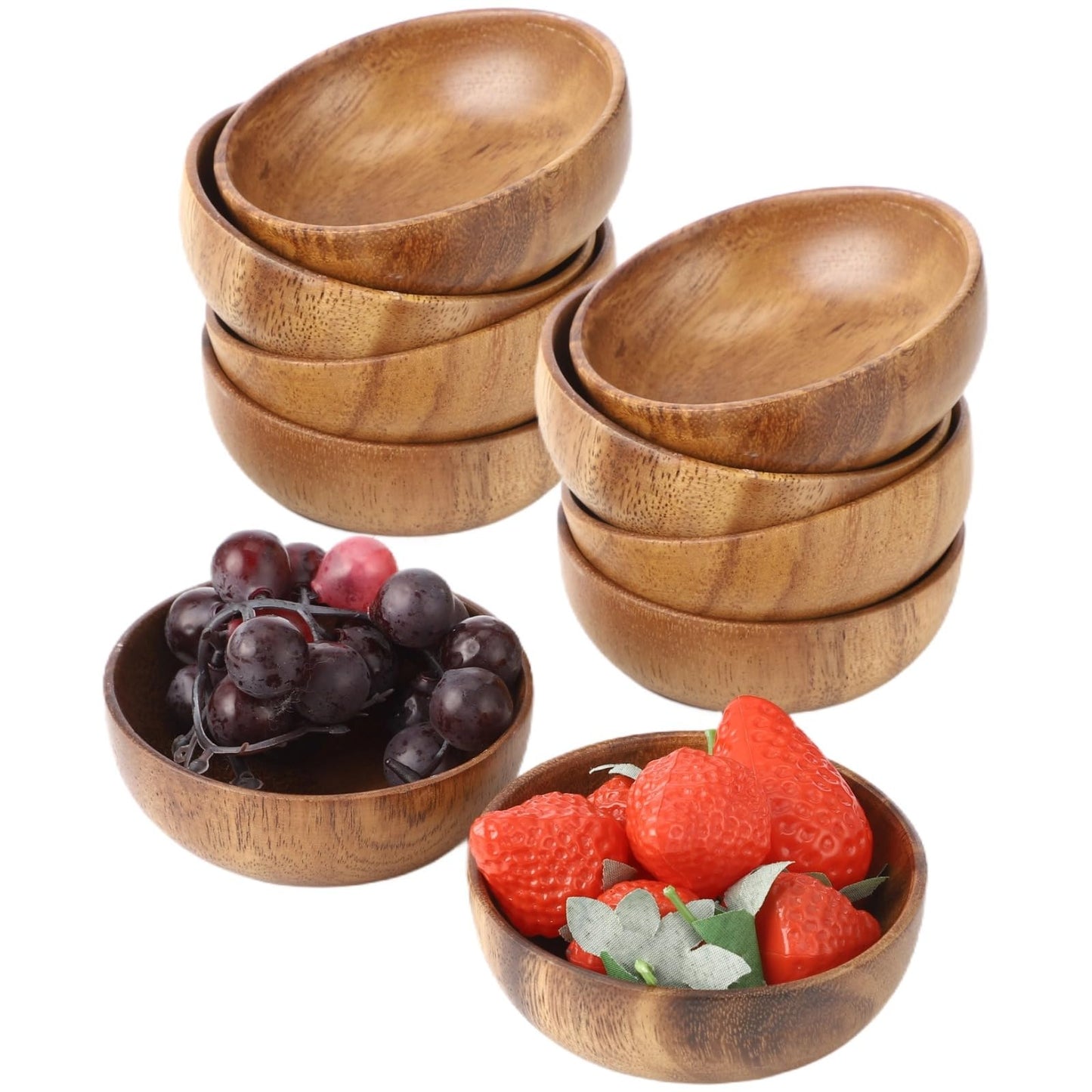 OMISTAR 10 Pcs Acacia Wooden Bowls for Food, 4 in Small Wood Bowls Set, Japanese Style Serving Bowls for Salad, Dessert, Snacks, Handcrafted with Smooth Surface, Heat Insulation