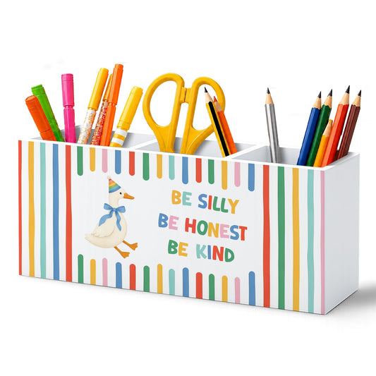 WUHSDIBC Inspirational Goose Kids Pen Pencil Holder for Desk, Be Silly Honest Kind Motivational Colorful Striped Wooden Pencil Holder Organizer Desk Accessories Decor for Home Office