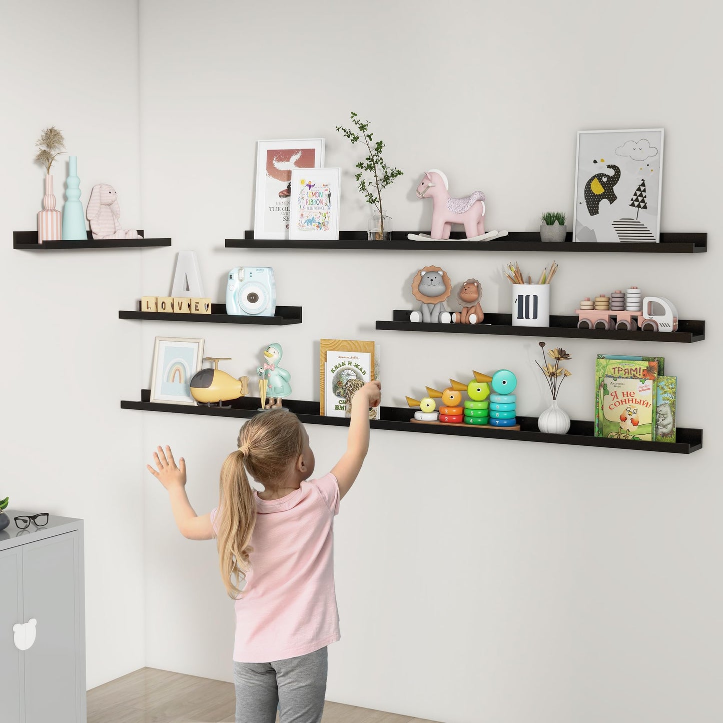 FLYJOE Picture Ledge Shelf, Floating Shelves Set of 2, 48 Inches Long Large Nursery Book Shelves for Toys Storage, Kids Bookshelf Wall Mounted for Living Room Bedroom Decor Books Photo Frames, Black