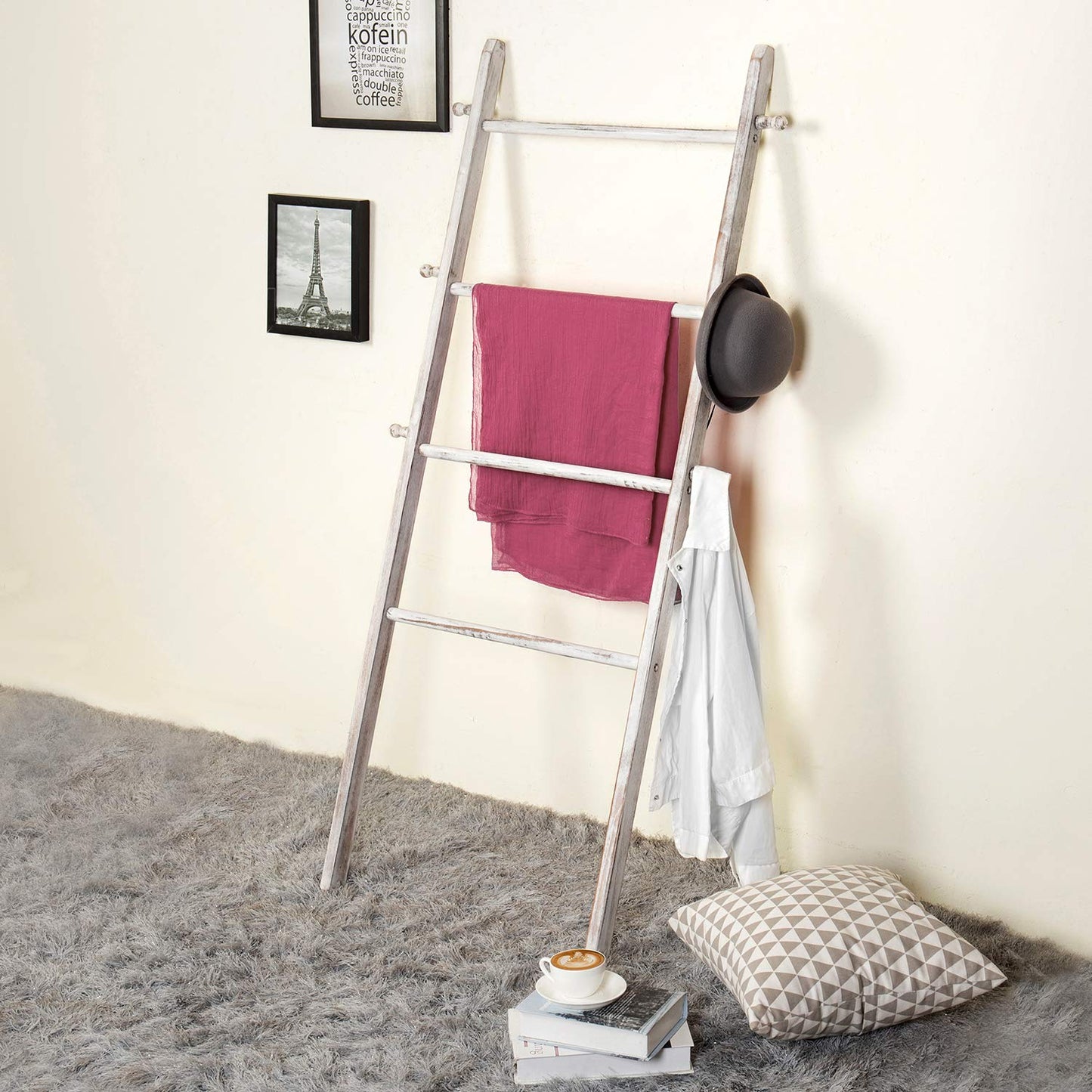 MyGift 63 Inch Wooden Blanket Ladder, White Quilt Towel Holder Rack, Wall Leaning 4 Rungs and 6 Pegged Hooks Farmhouse Decorative Furniture