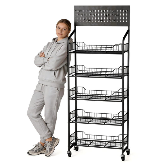 5-Tier Metal Display Rack Large Snack Shelving Unit with Hanging Panels and 12 Hooks 4 Casters for Easy Mobility Freestanding Display Unit Ideal for Supermarkets and Retail Stores (65.23H*23.8W*10.4D)