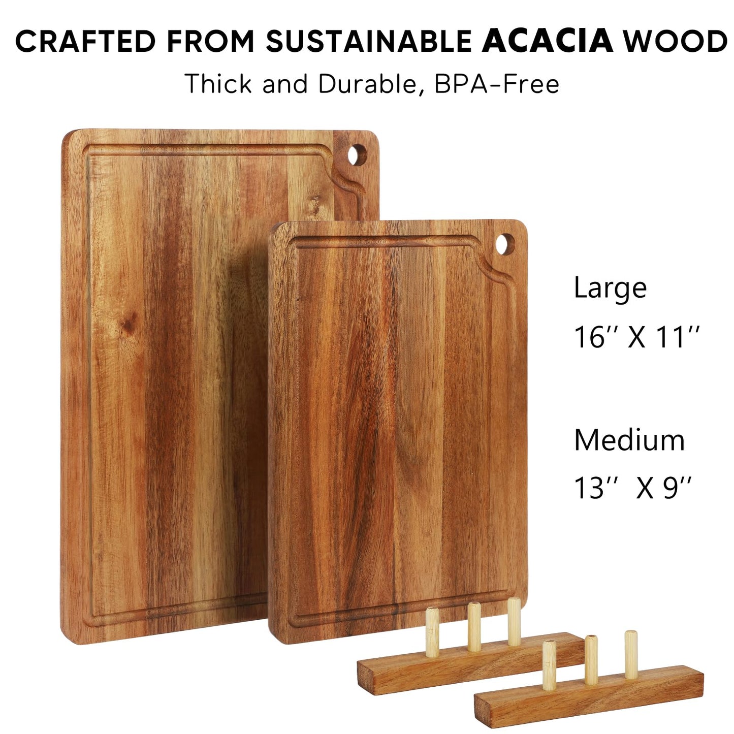 Acacia Wood Cutting Board Set of 2 with Storage Stand,Wooden Chopping Boards with Drying Holder， Deep Juice Grooves & Hanging Holes, Reversible Charcuterie Boards, Housewarming Gift