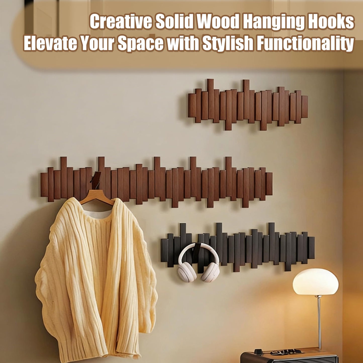 BWCXR Wall Mounted Wooden Coat Rack with Flip-Down Piano Key Hooks, Hardwood Heavy Duty Wall Hook Rack with Hidden Mount for Entryway, Coats, Bags & Hats, Black 4 Hooks