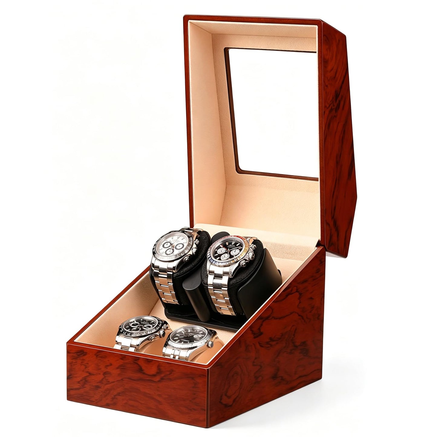 Mineesi Watch Winder Box for Automatic Watches, 2-Watch Winder with Quiet Motor, Handcrafted Piano-Finish Wooden Watch Winder Spinner Box with 2 Storage Case for Men's & Women's Watches (Tawny Brown)