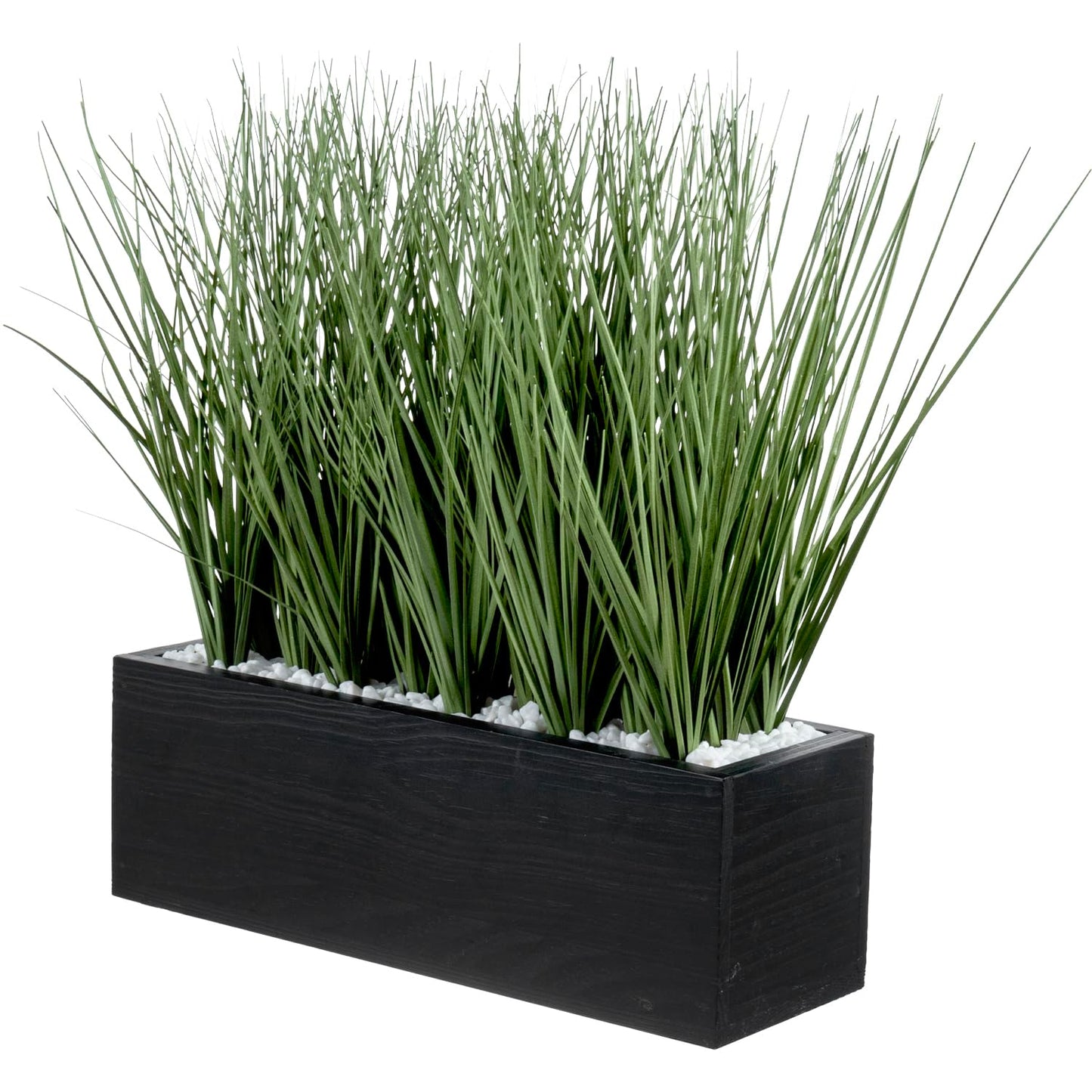 MyGift 12 Inch Desktop Artificial Green Grass Plants Faux Greenery Centerpiece with Rustic Black Solid Wood Planter Box