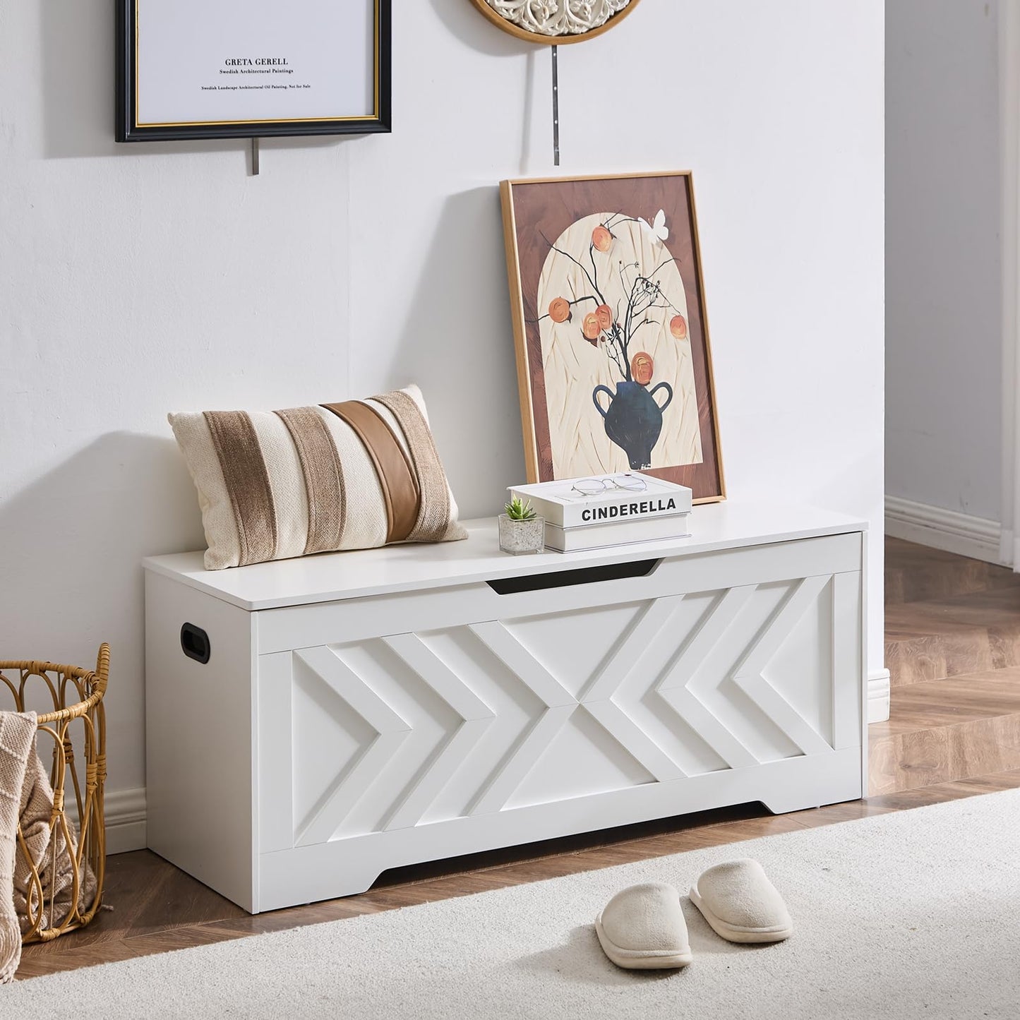 XDliv 47.2” Storage Bench,Extra Large Wooden Storage Chest with 2 Safety Hinges,entryway Bench,Blanket Storage,Shoe Storage Bench for Entryway,Bedroom,Living Room,Easy Assembly. (White, 47.2x15.7x19)