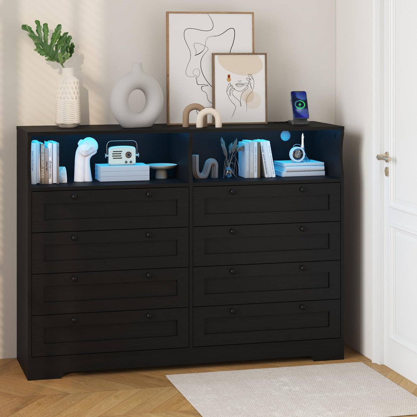 Garvee 8 Drawer Wooden Dressers for Bedroom with LED Lights, Charging Station & Open Shelf, Black Wood Chest of Drawers, Farmhouse TV Stand Dresser for Living Room, Hallway, Entryway Fit 65 inch TV