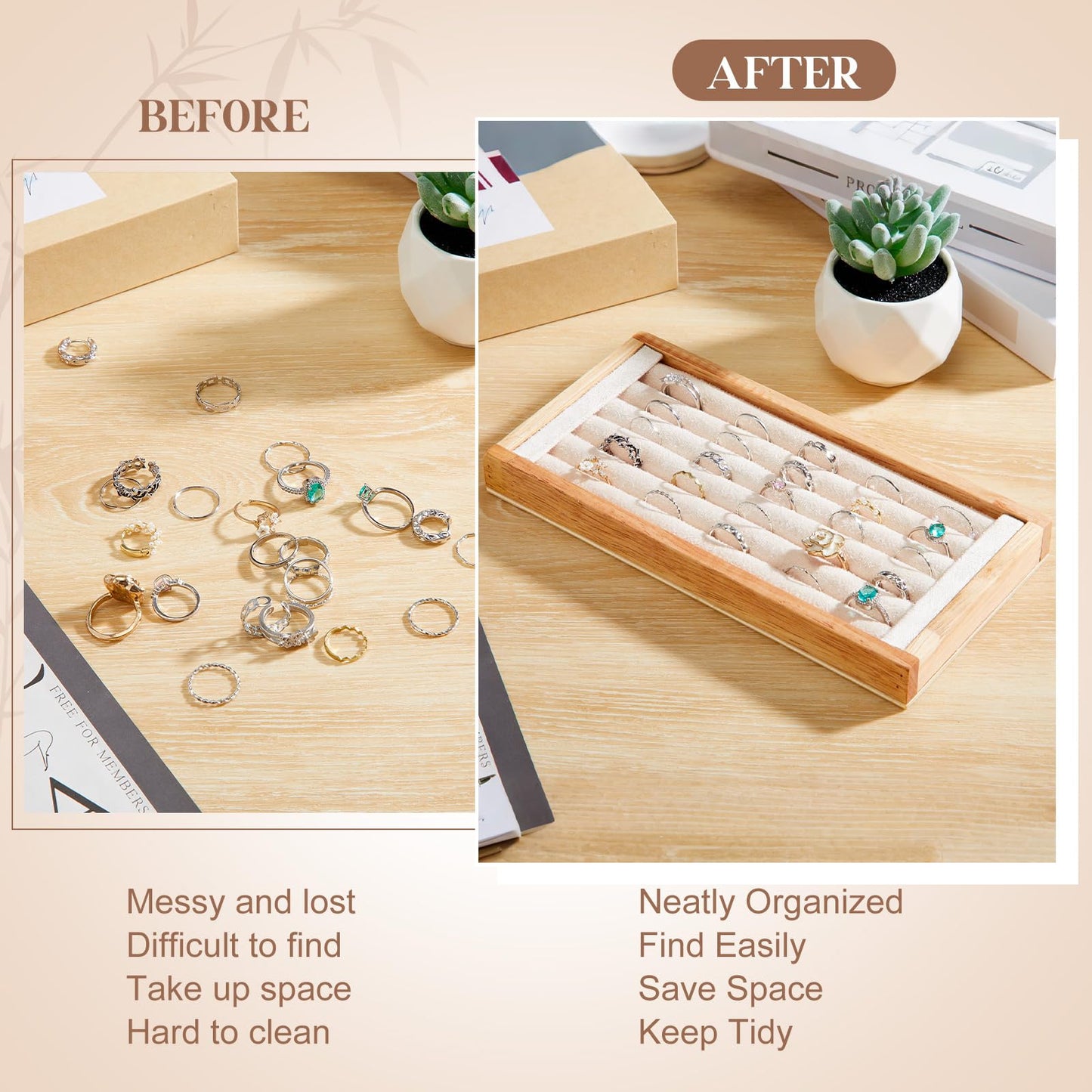 Novabright 2 Pcs Bamboo Ring Holder, 5 Slot Rings Display Tray Stand, Jewelry Rings Earrings Tray Storage Organizer for Selling Retail Exhibitions (Beige)