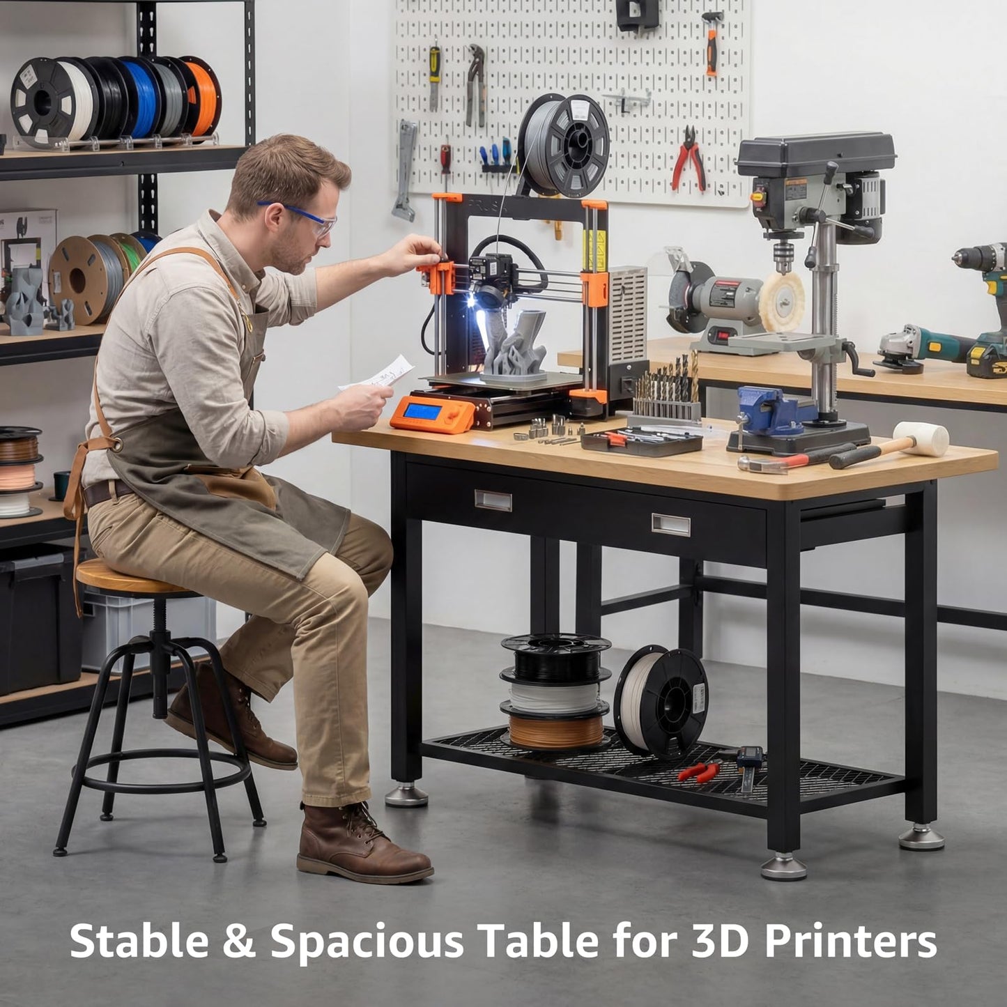 47.2" Heavy Duty Work Bench with Drawer and Storage for Garage, Small Wood Top and Metal Work Table for Crafts, 3D Printer Reloading Bench