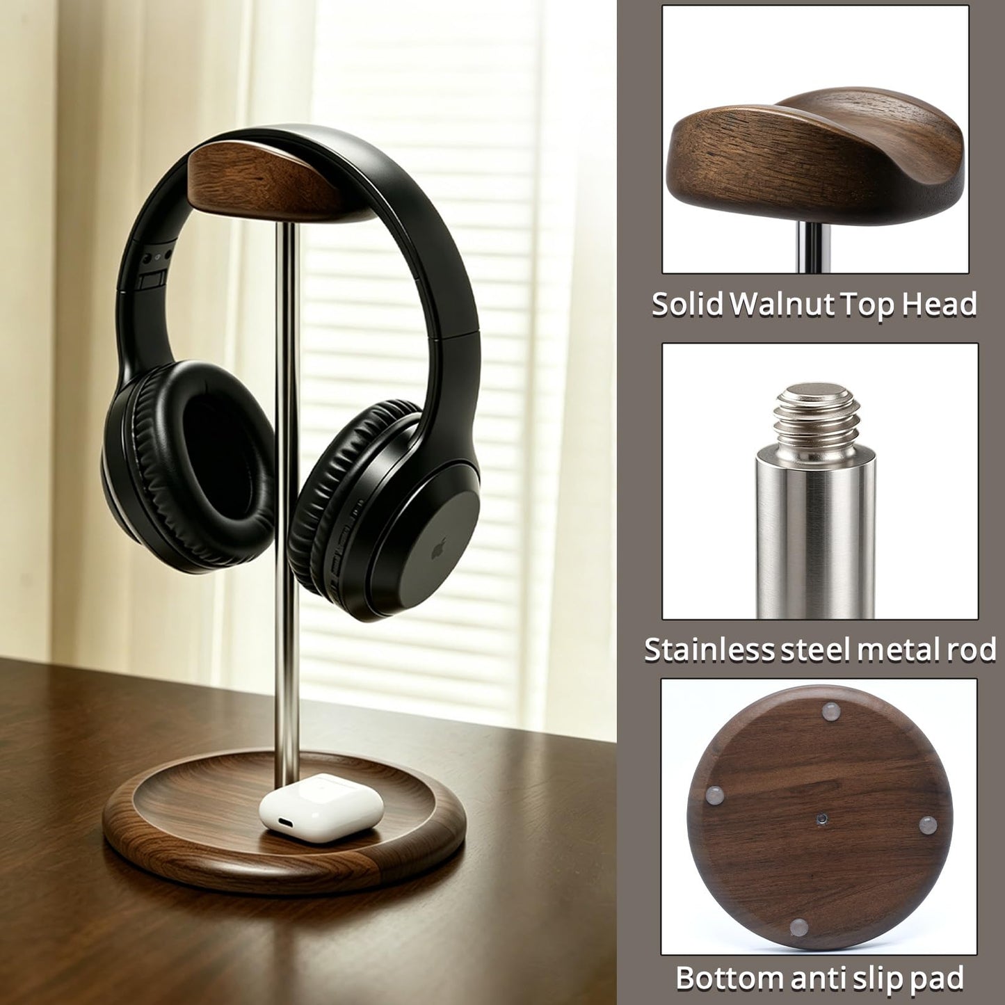 Oxmidud Headset Stand for Desk, Walnut Wood ＆ Stainless Steel Universal Wooden Headphone Holder with Storage Base, Gaming Equipment Accessories, Desk Organizer, Gifts for Gamers Men Boyfriend