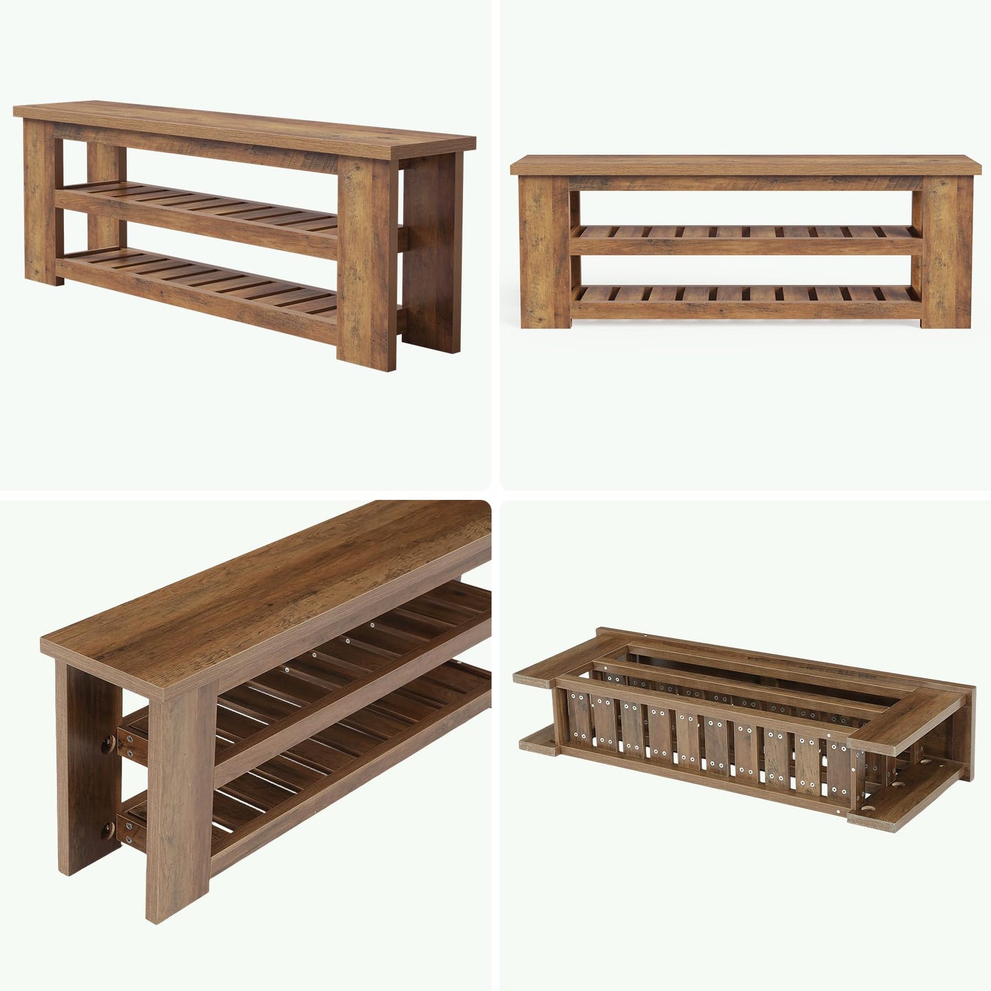 LITTLE TREE Entryway Bench, 55" Wood Shoe Bench, Farmhouse End of Bed Bench with 2-Tier Storage Shelves, Dining Bench for Entryway, Living Room, Bedroom, Hallway, End of Bed, Rustic Brown