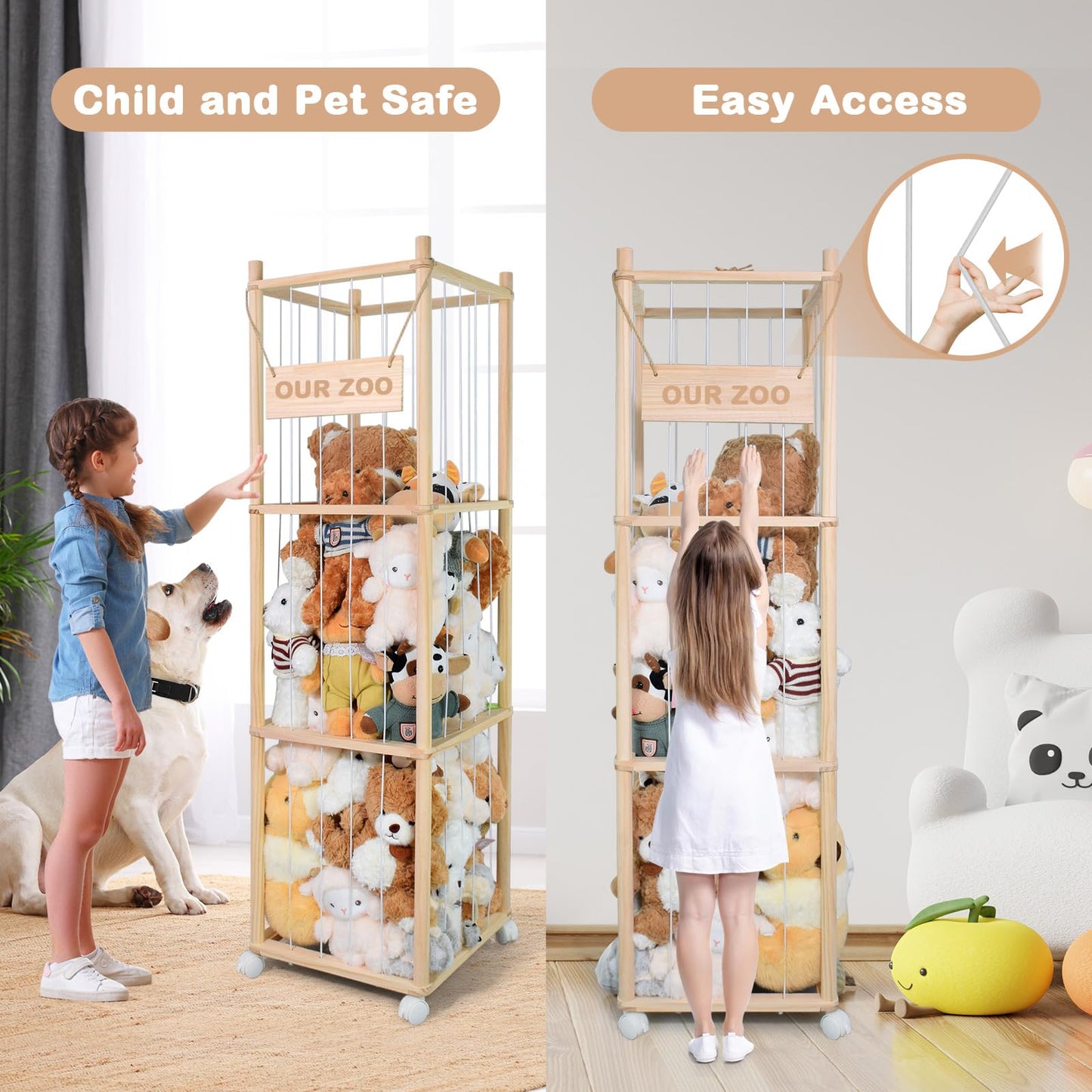 Stuffed Animal Storage, Wooden Cute Zoo Toy Holder with Brake Wheels, Space Save Toy Organizer, Large Capacity Stuffed Animal Holder, Perfect for Nursery Playroom Kidroom Bedroom-54 Inch