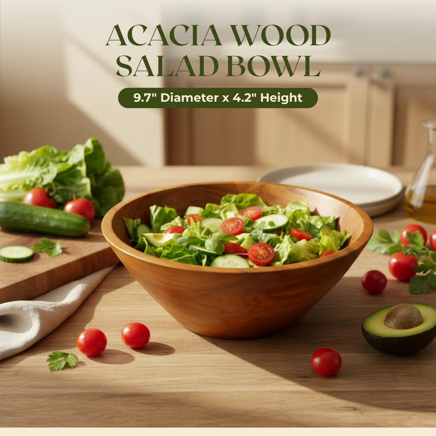 Aurah Acacia Wood Salad Bowl, 9.7" Diameter x 4.2" Height – Medium Wooden Mixing & Serving Bowls for Salad, Pasta and Fruits – Kitchen & Outdoor Dining - Capacity 3.8 Quarts