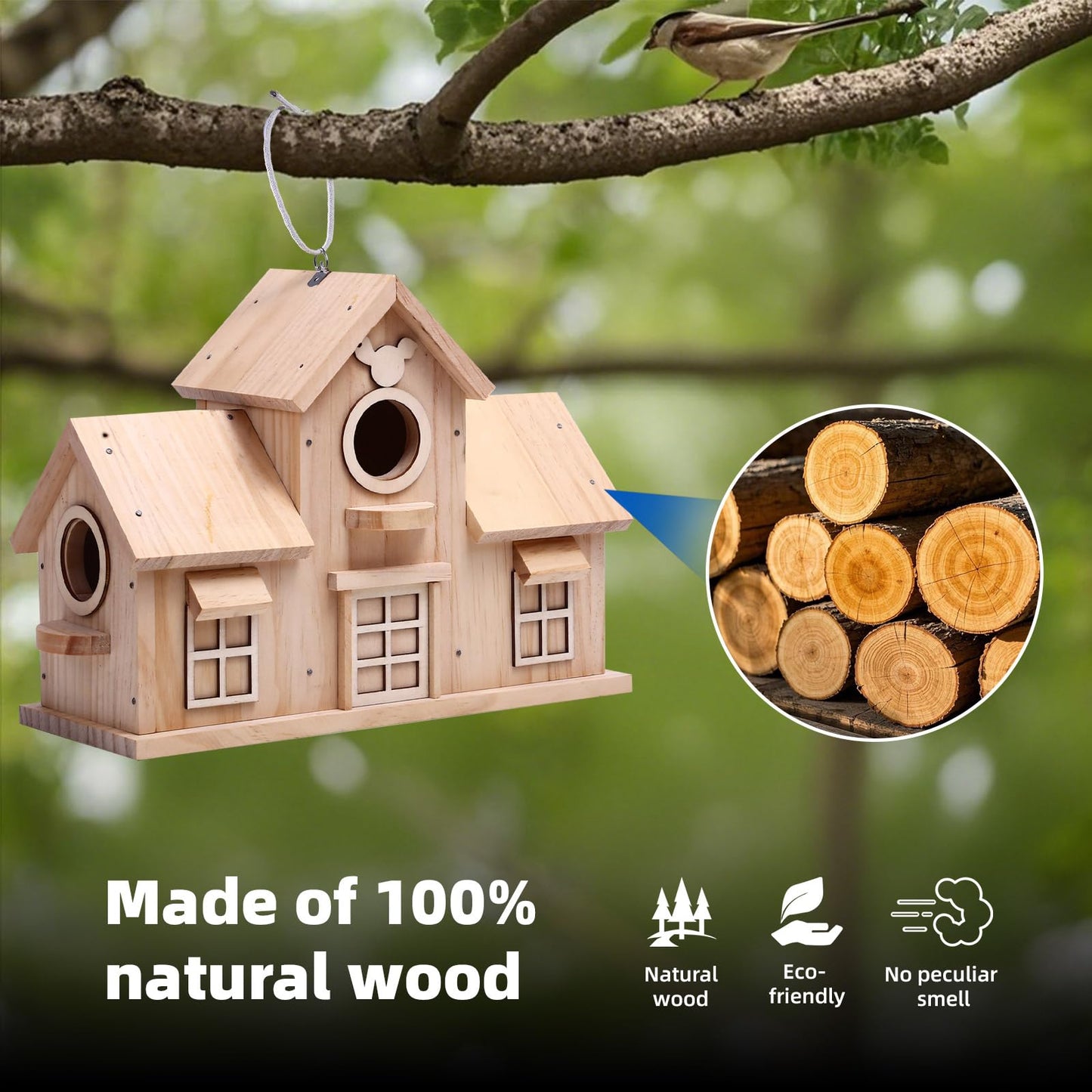 Wooden Birdhouse with Multiple Nesting Compartments, Hanging Bird House, 11.8 x 4.7 x 8.66 Inch