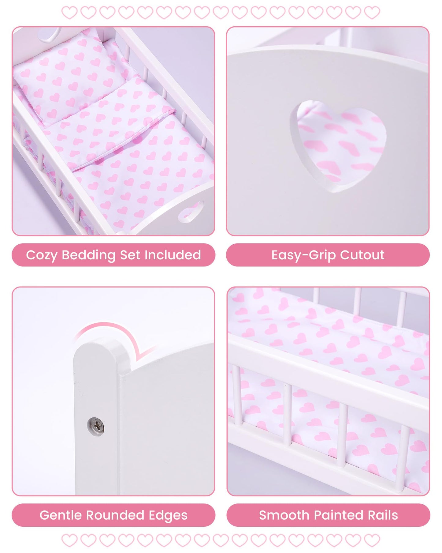 BABESIDE Wooden Baby Doll Crib for 12-16 Inch Dolls, Doll Bed with Pink Heart Bedding, Doll Furniture Baby Doll Accessories for Pretend Play, Gift for Girls Ages 3+