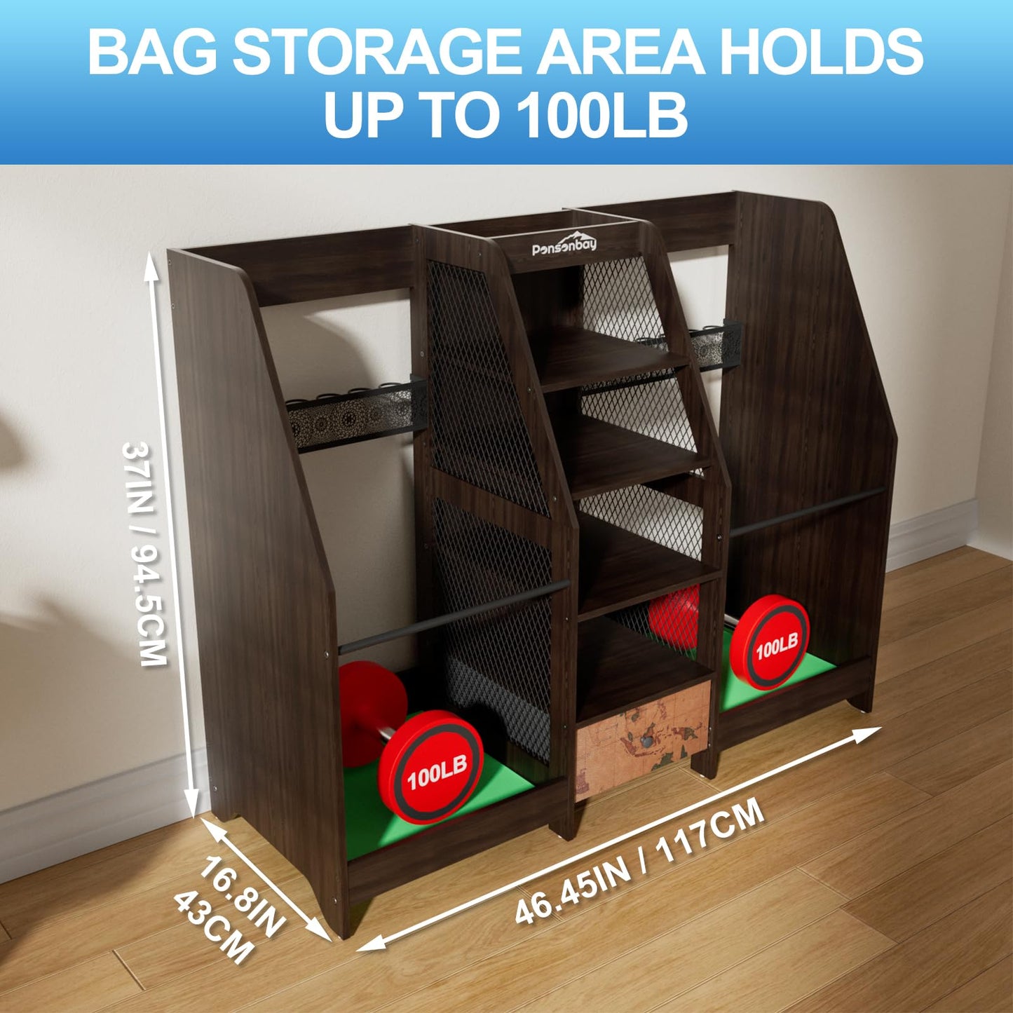 Ponsonbay Golf Bag Storage Organizer for Garage, Premium Wooden 2 Golf Bags Rack with Drawer, Easy Assemble Golf Club Stand/Holder Suitable for Garage Home Simulator and Office