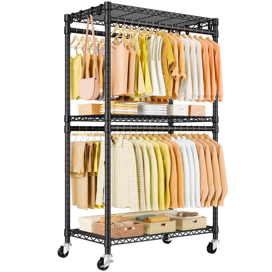 ULIFHOME P5 Rolling Clothes Rack Heavy Duty, Clothing Racks for Hanging Clothes, Metal Garment Rack with Wheels, 3-Tier Portable Closet Rack 39.4'' W × 20.5'' D × 80.5'' H, Max Load 650 Lbs, Black