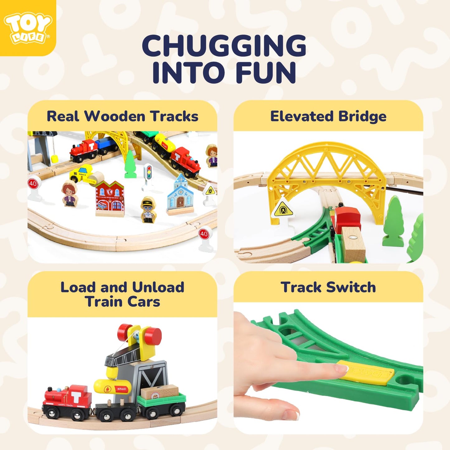 TOY Life Wooden Train Set 60pcs with Magnetic Crane, Wooden Train Tracks Toys for Toddlers Boys Girls 3 4 5, 3 Year Old Boy Gift, Wood Toys Toddler Train for Kids 4-8 - Fits Thomas Brio Chuggington
