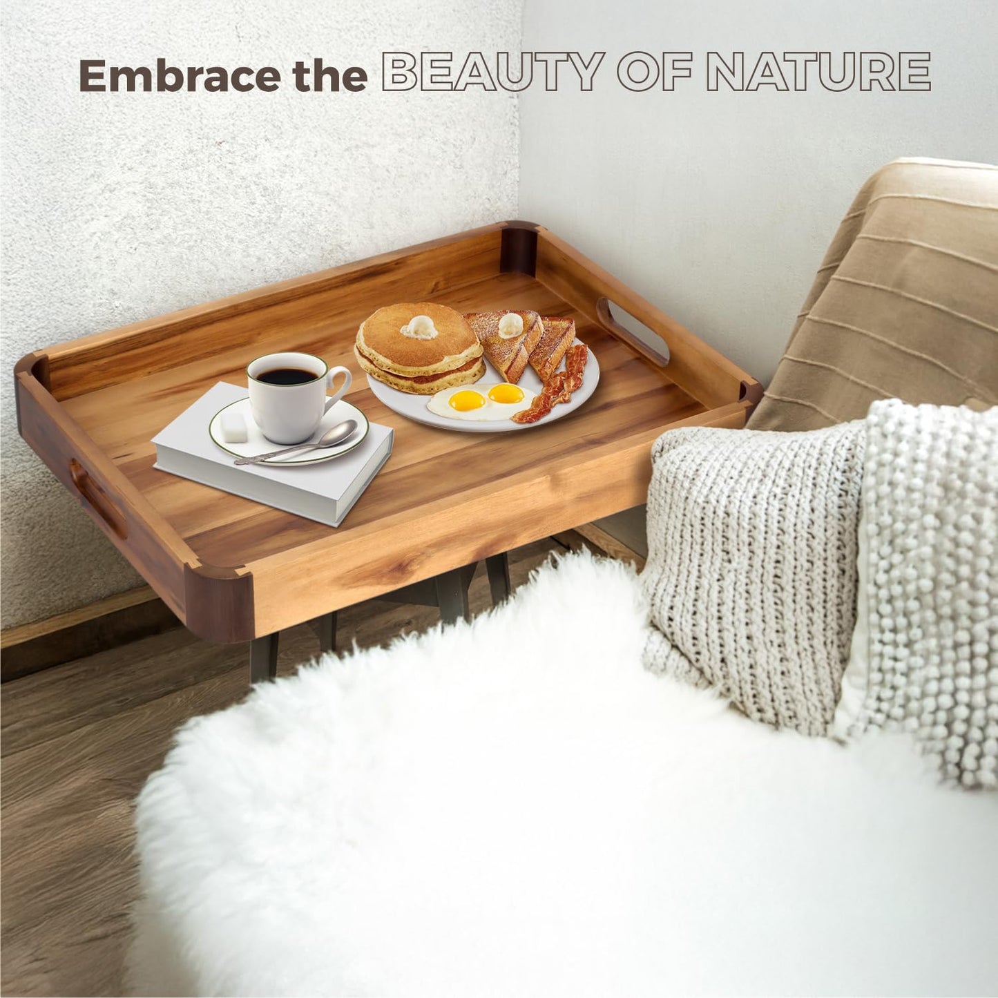 17 x 13 Inch Acacia Wood Serving Tray with Handles, Decorative Wooden Tray Featuring Dark Walnut-Tone Curved Corner Accents for Coffee Table, Ottoman & Kitchen Counter...