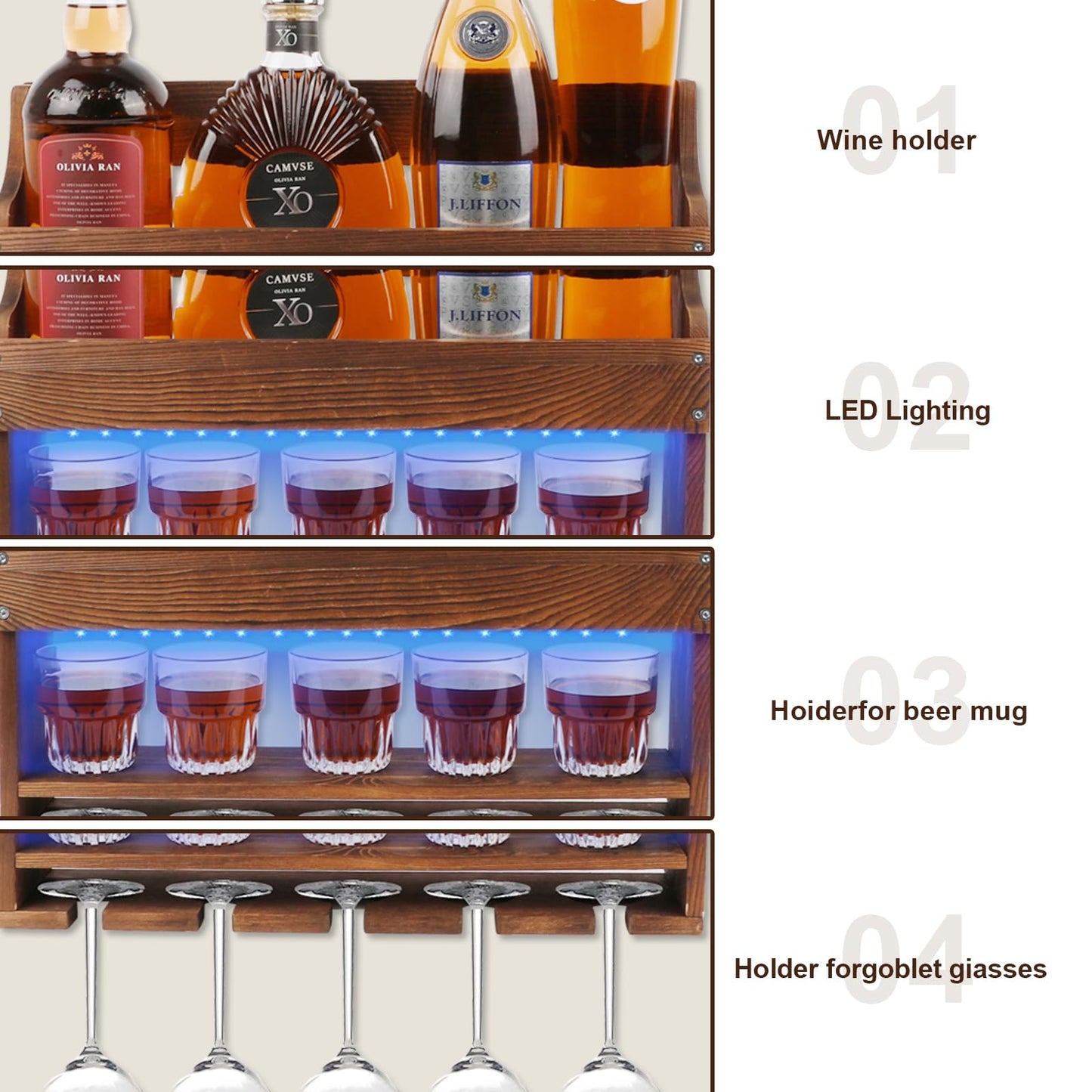 TIRYIUOU 2 Pack Wooden Wine Rack Wall Mounted with LED Light, Wall Wine Rack, Bar Liquor Shelf, Wine Glass Holder Wall Mounted, Floating Bar Shelves for Kitchen, Dining Room, Home Bar