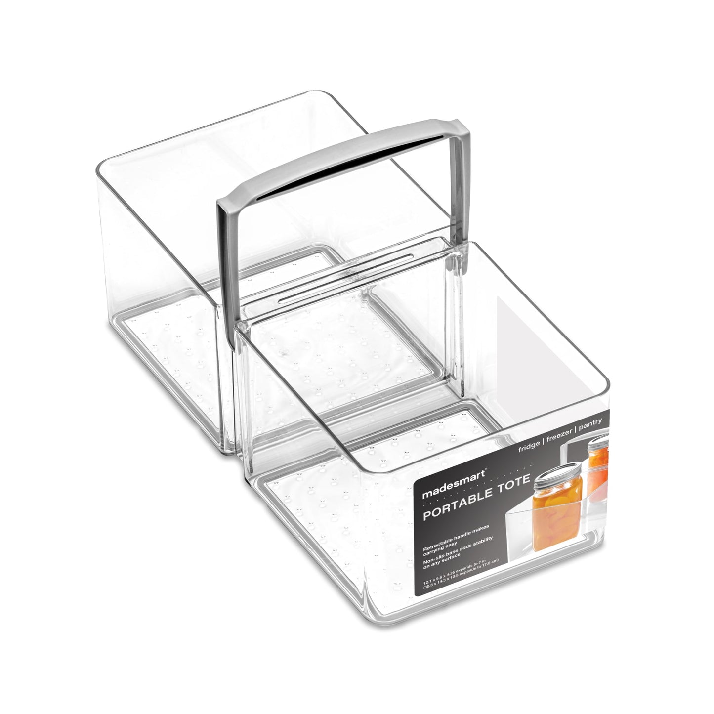 madesmart Fridge Portable Tote, Condiment Caddy with 2 Compartments, Pop-Up Handle & Non-Slip Base, Refrigerator Organizer for Sauces, Jars & Small Items, Clear