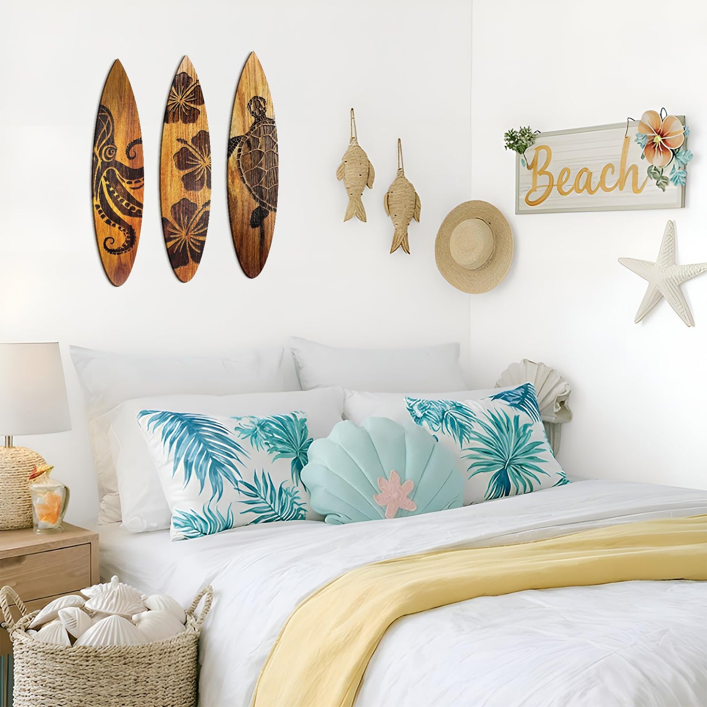 Yousoontic 3 Pcs Surfboard Wall Decor 23.6" x 5.2" Large Wooden Beach Room Surfboard Decor for Wall Summer Turtles Hibiscus Octopus Hawaiian Tropical Sign for Home Bedroom Party