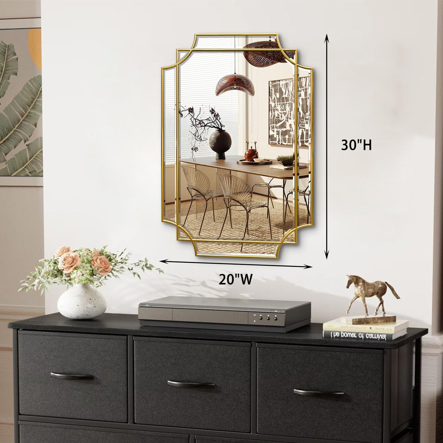 HQiJun 30x20 Inch Gold Bathroom Mirror, Wooden Frame with Scalloped Polished Beveled Glass, Modern Art Wall Decor for Vanity, Irregular Rectangle Mirror for Bedroom, Living Room, Fireplace & Entryway