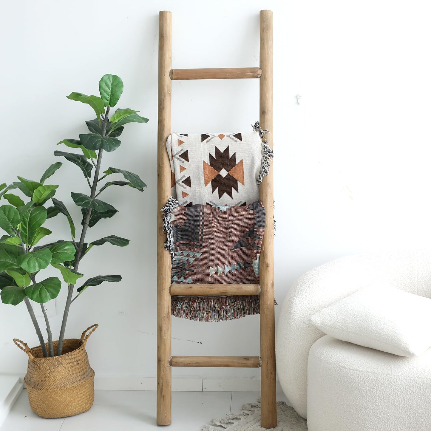 FUIN Blanket Ladder, 57in Rustic Solid Wood Decorative Ladder, Brown