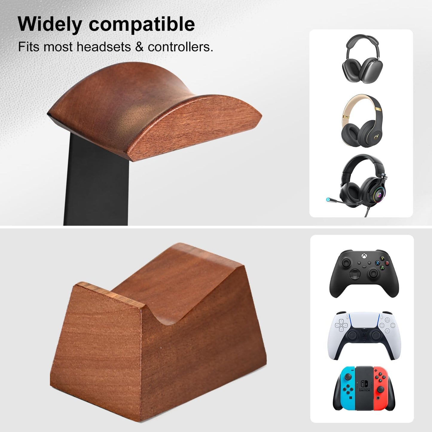 UPERGO Headset Stand with 2 Controller Holders - Solid Wood & Metal Gaming Headphone Holder for Switch, Controllers, and Desk Accessories (Wood)